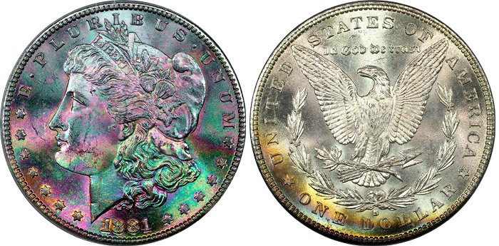 Jhon E. Cash - 1881-S PCGS MS65 Deep Rainbow Toned Morgan Dollar